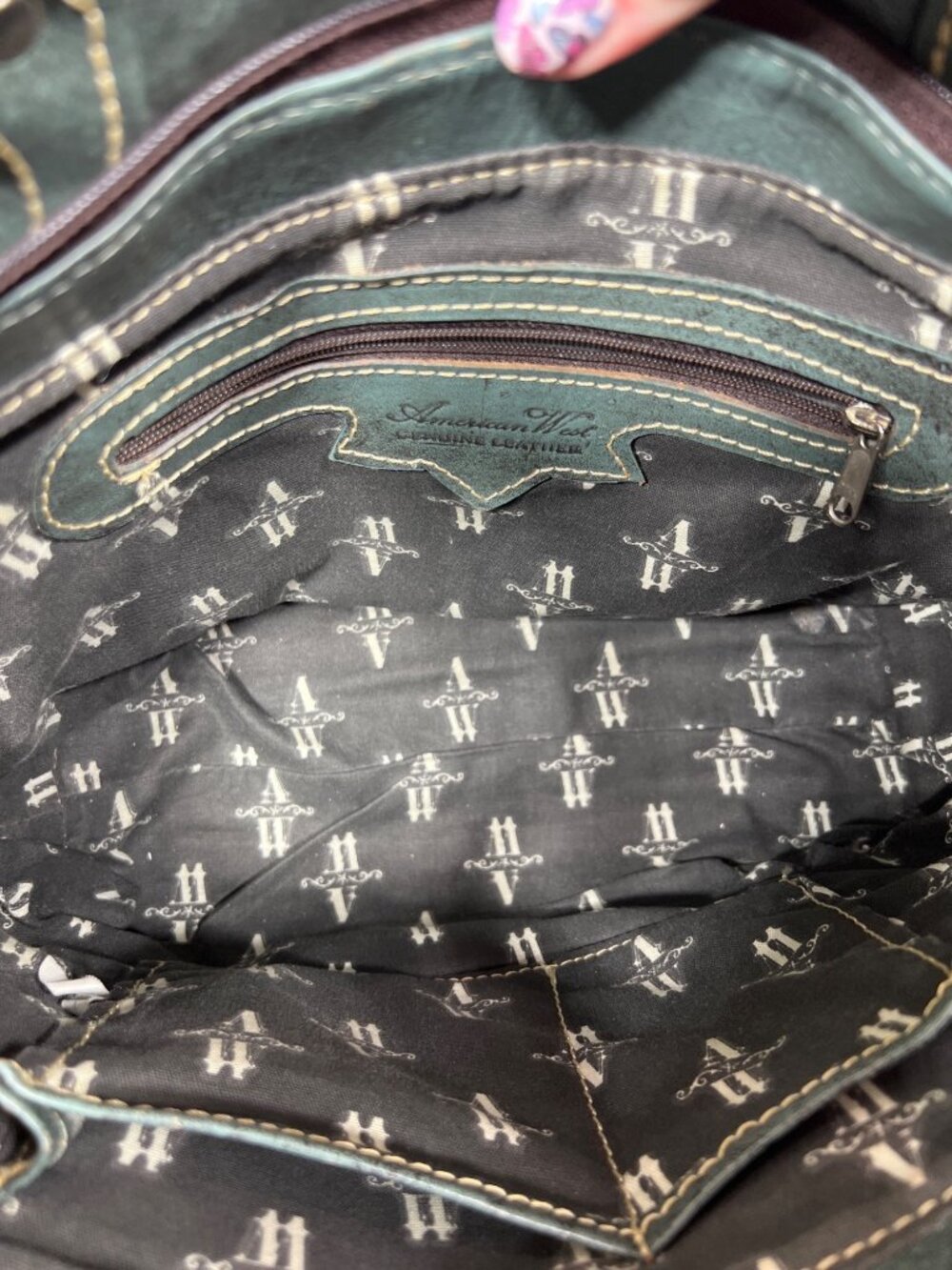 AMERICAN WEST Double Handle Tooled Leather Floral Design Bag Sage EUC - Picture 11 of 11